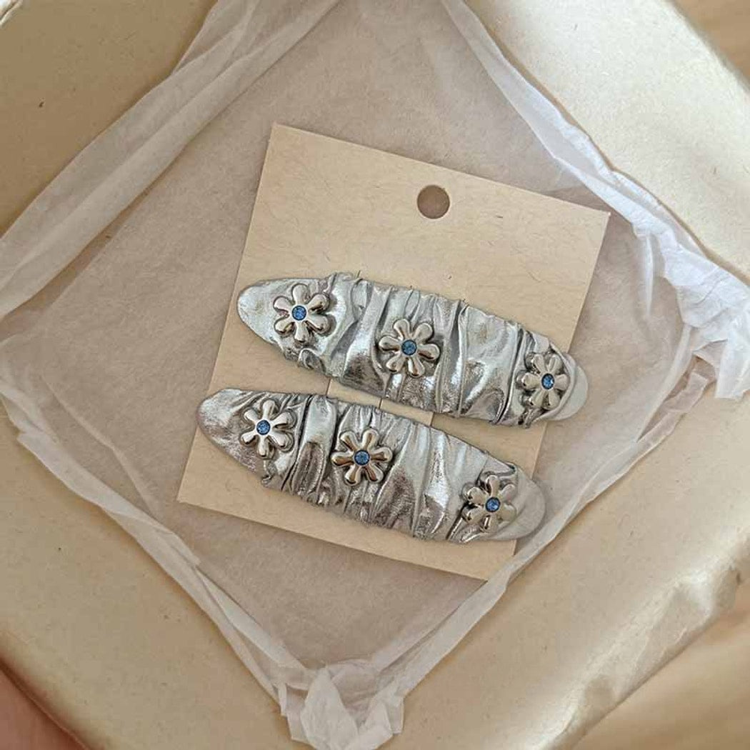 Beau - Sweet Floral Ruched Silver Finish Hair Clip
