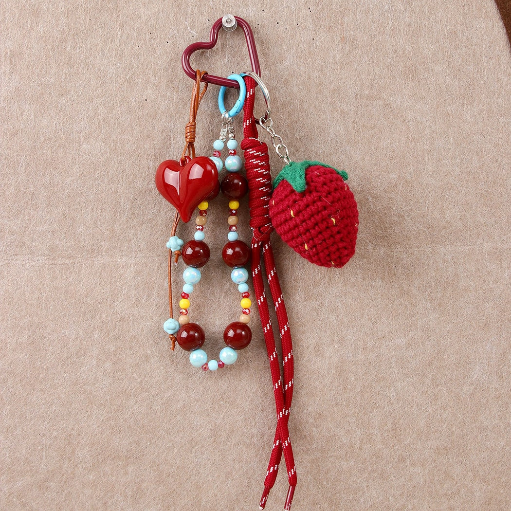 Keypus - Beaded Strawberry Heart Bag Charm Keychain
