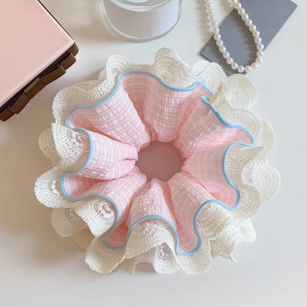 Gifty - Plaid Lace Trim Multi-Layer Scrunchie