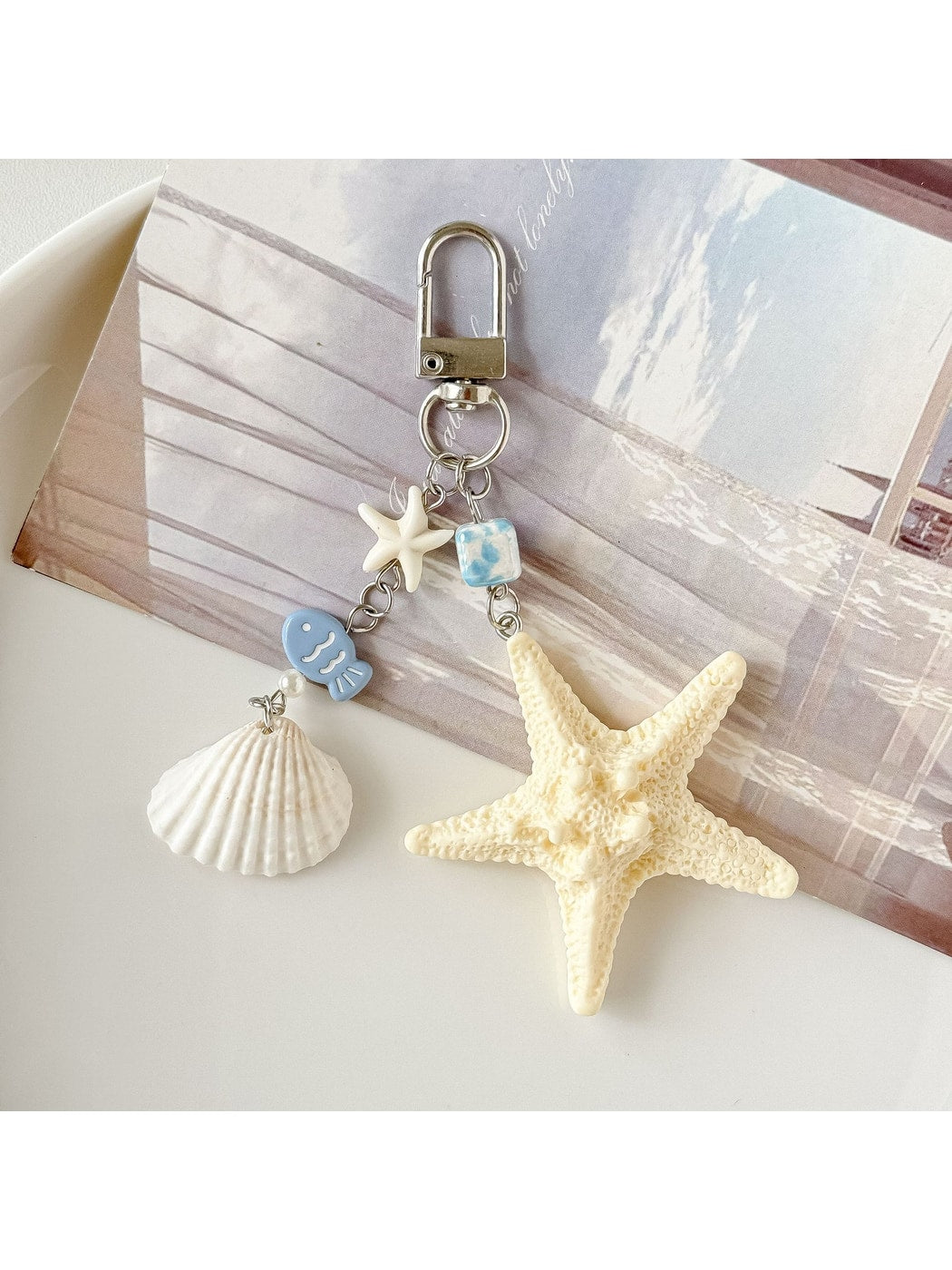 Keypus - Alloy Plastic Starfish Beaded Charm Keychain