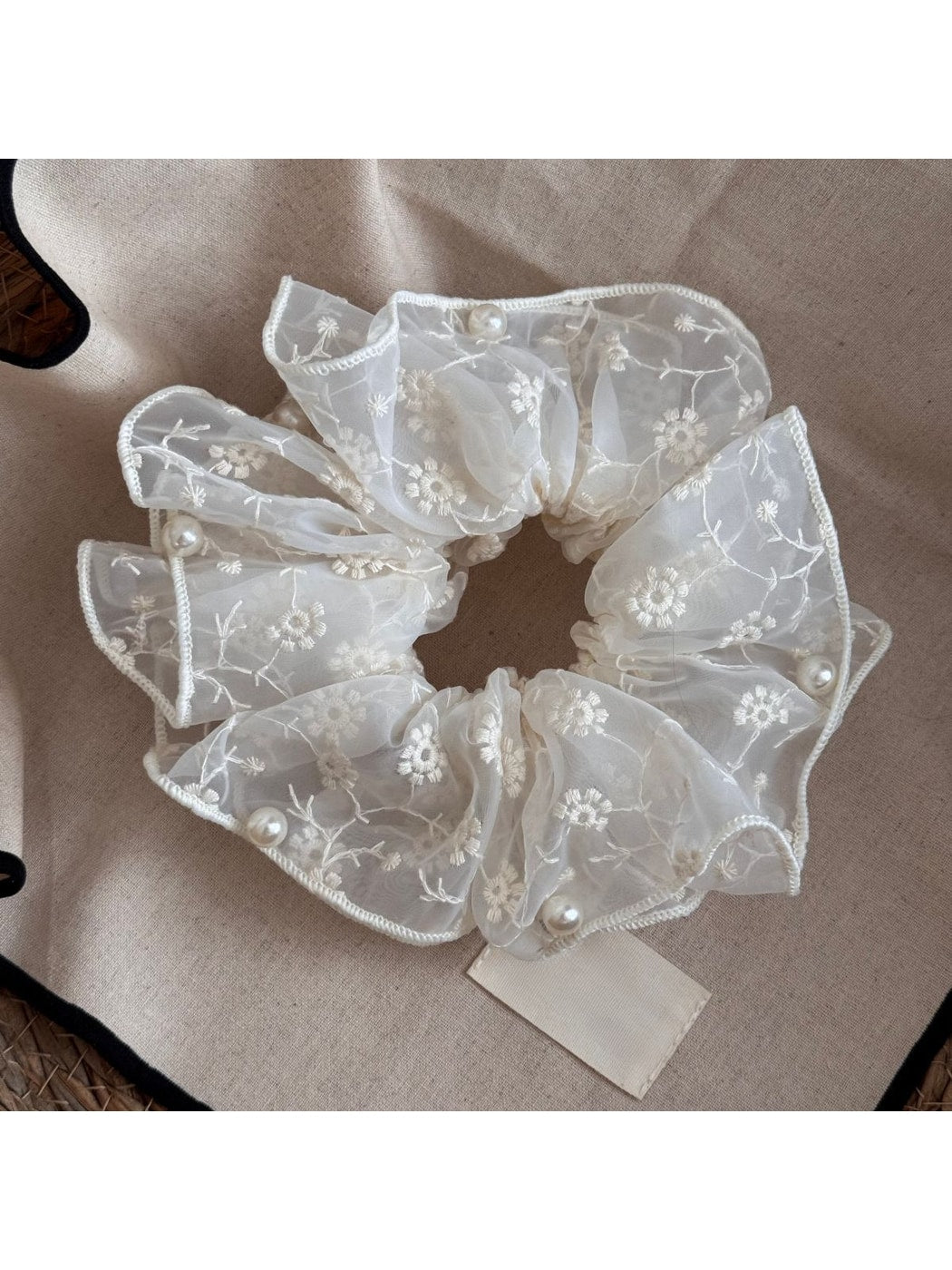 Gifty - Sheer Floral Beaded Ruffle Detail Scrunchie