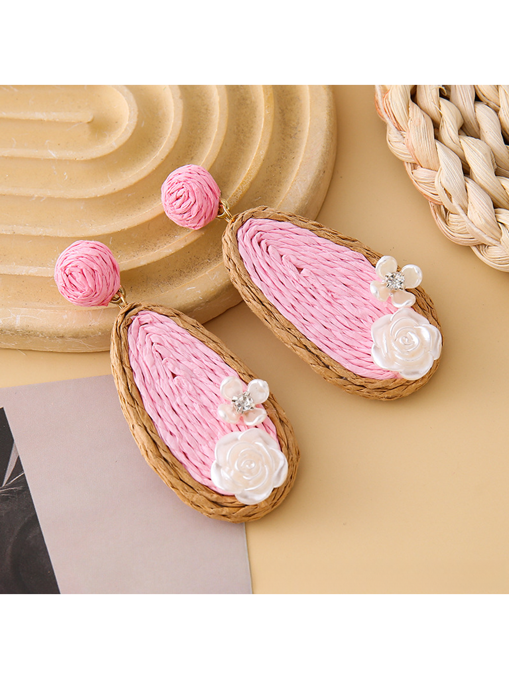 Earedge - Rose Detail Teardrop Dangle Earrings
