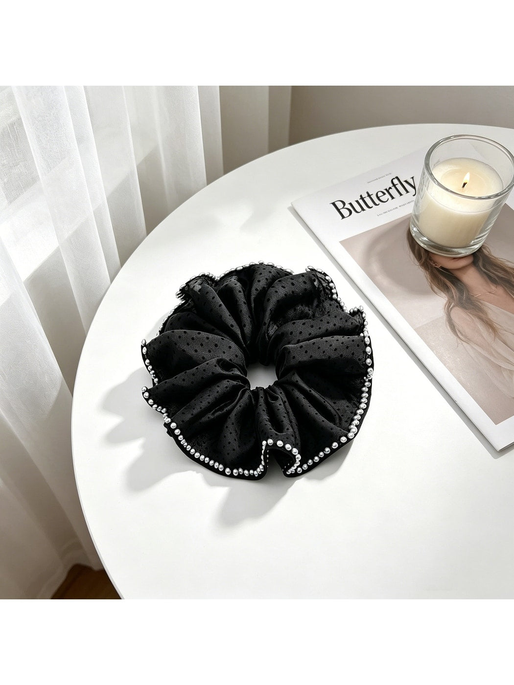 Gifty - Polka Dot Beaded Ruffle Polyester Scrunchie