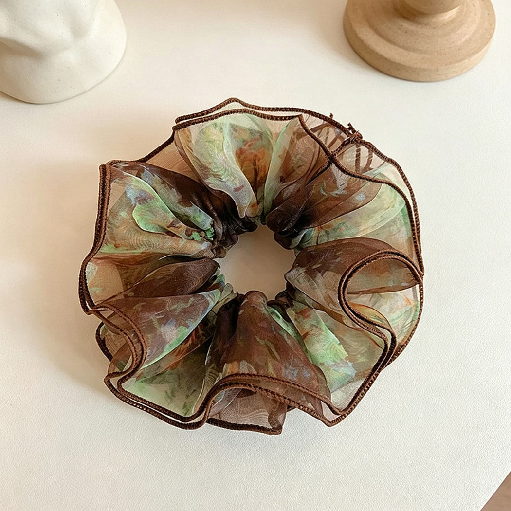 Gifty - Elegant Brown Print Ruffle Scrunchie