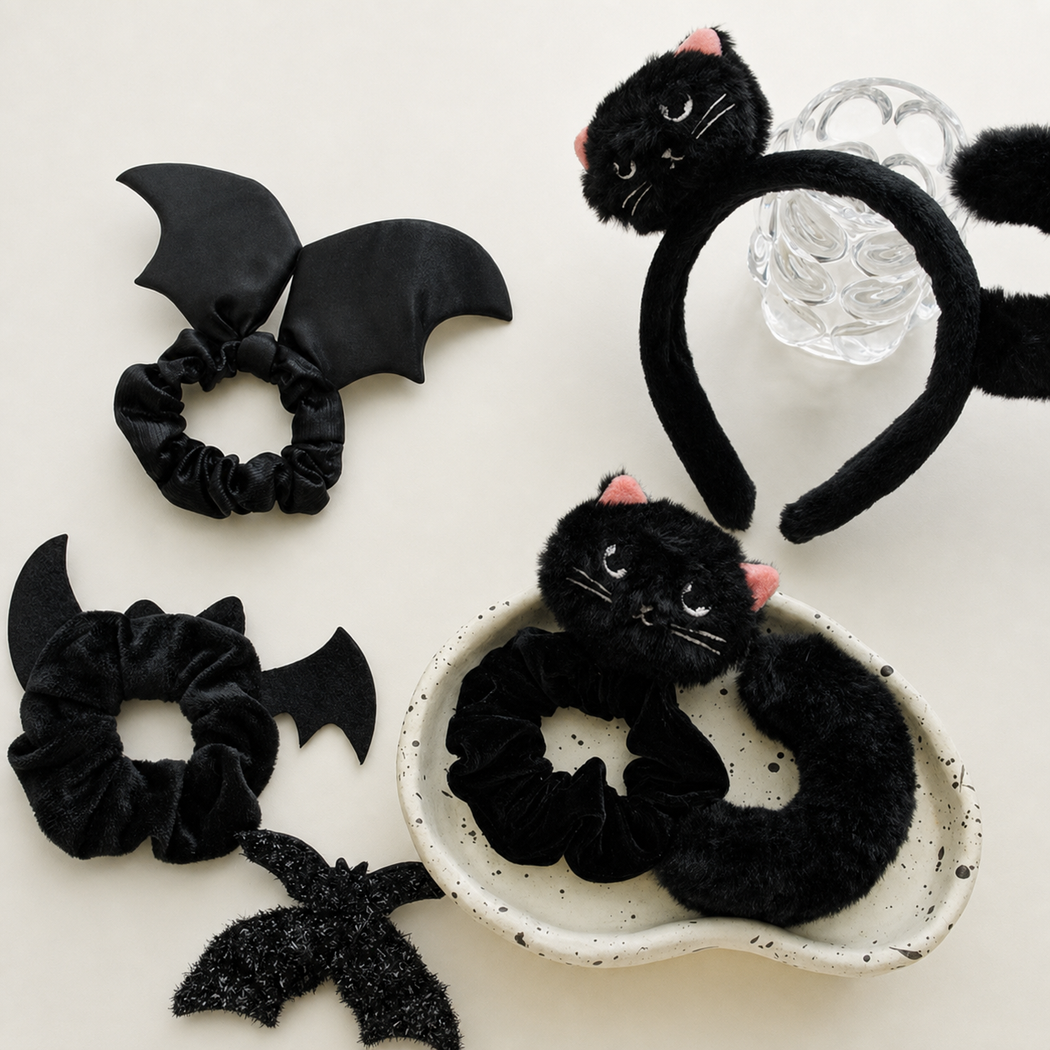 Halloween black cat and bat hair accessories showing all four available variants