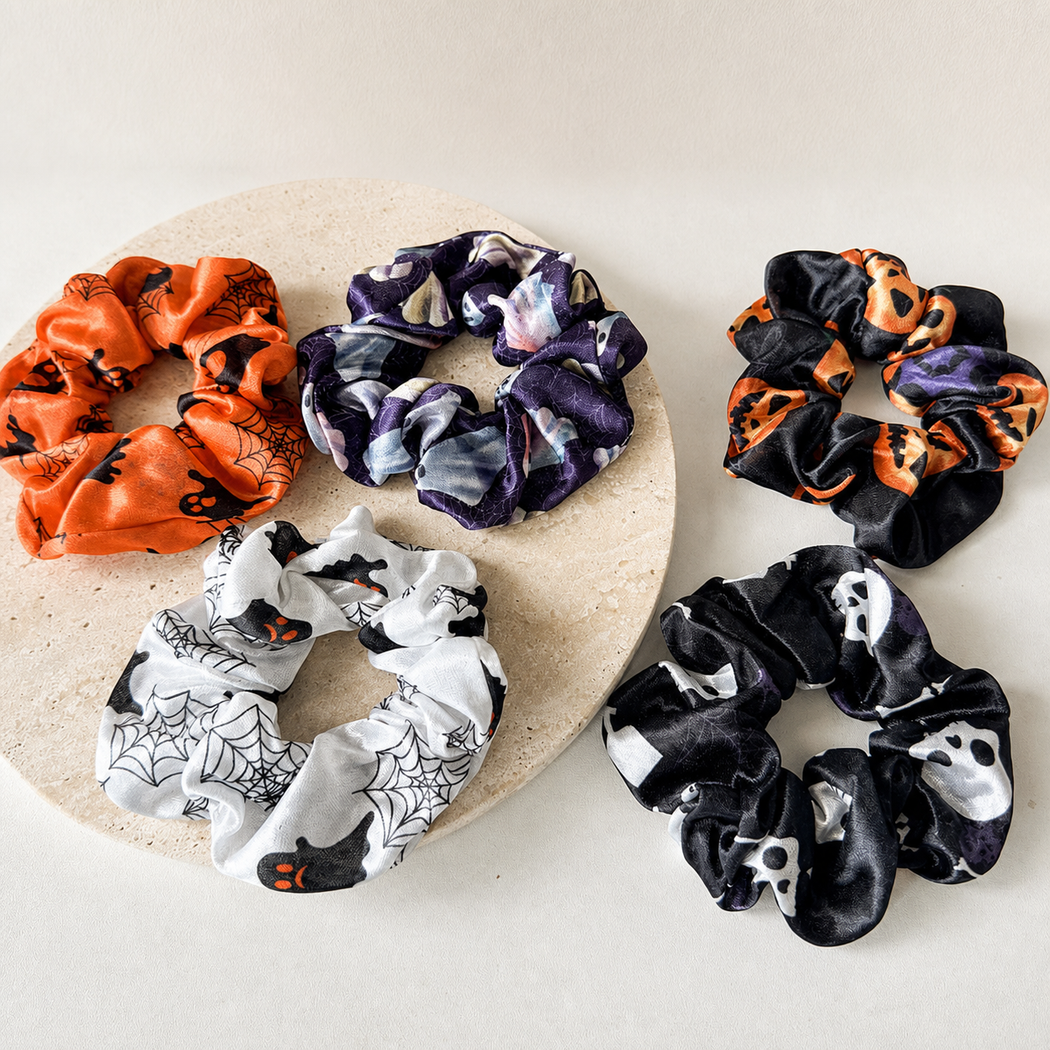 Halloween character scrunchie collection showing all five available variants