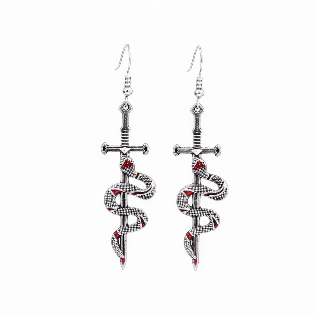 Earedge - Snake Wrapped Cross Drop Earrings, detail view