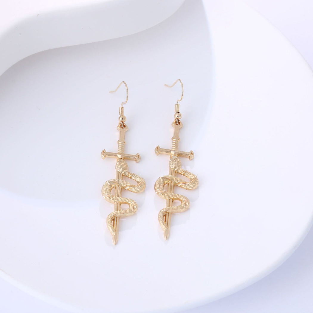 Earedge - Snake Wrapped Cross Drop Earrings, variant view