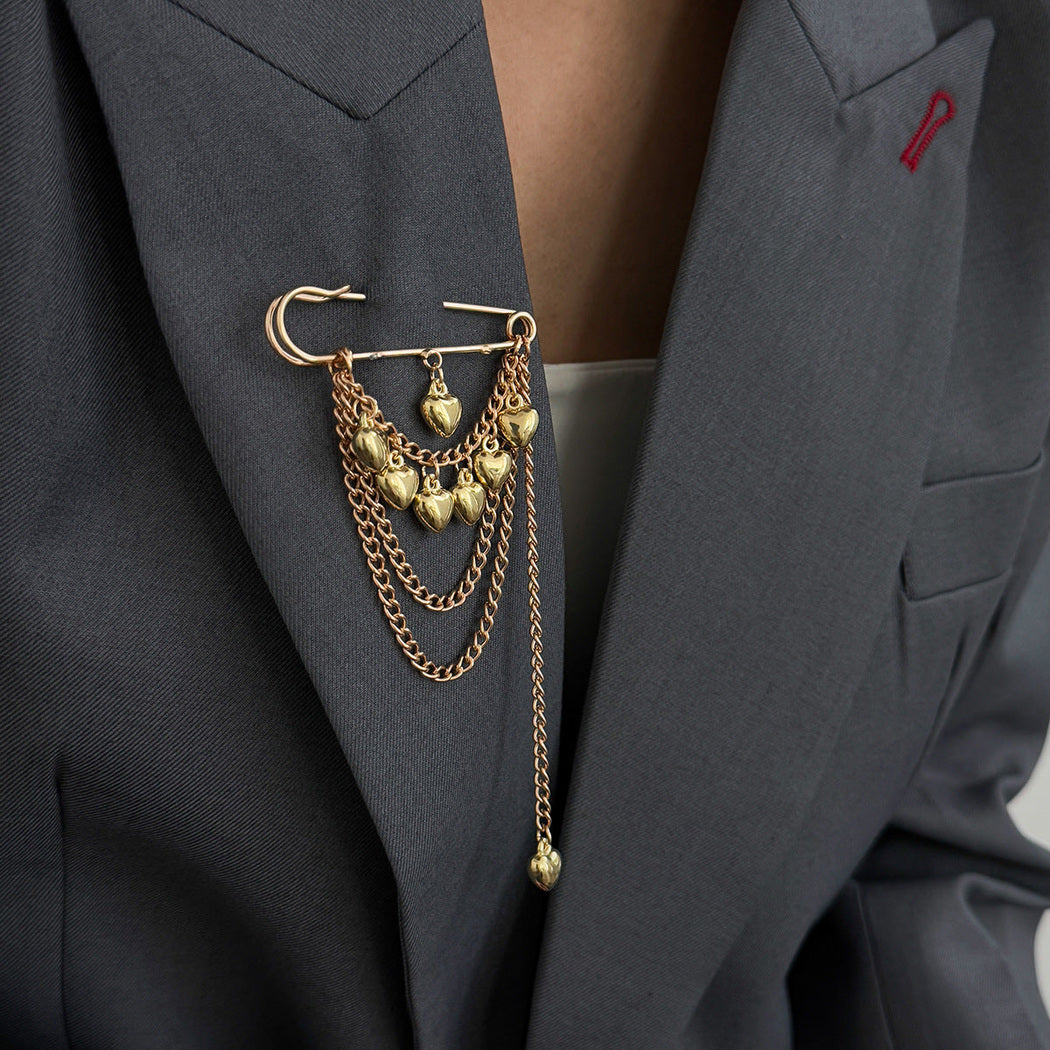 Brovia - Layered Draped Chain Safety Pin Brooch, detail view