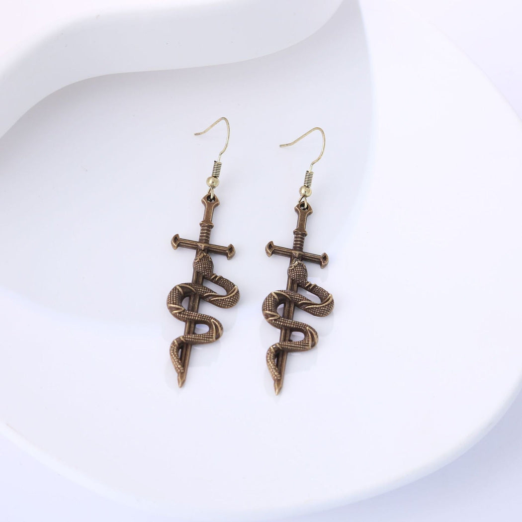 Earedge - Snake Wrapped Cross Drop Earrings, variant view