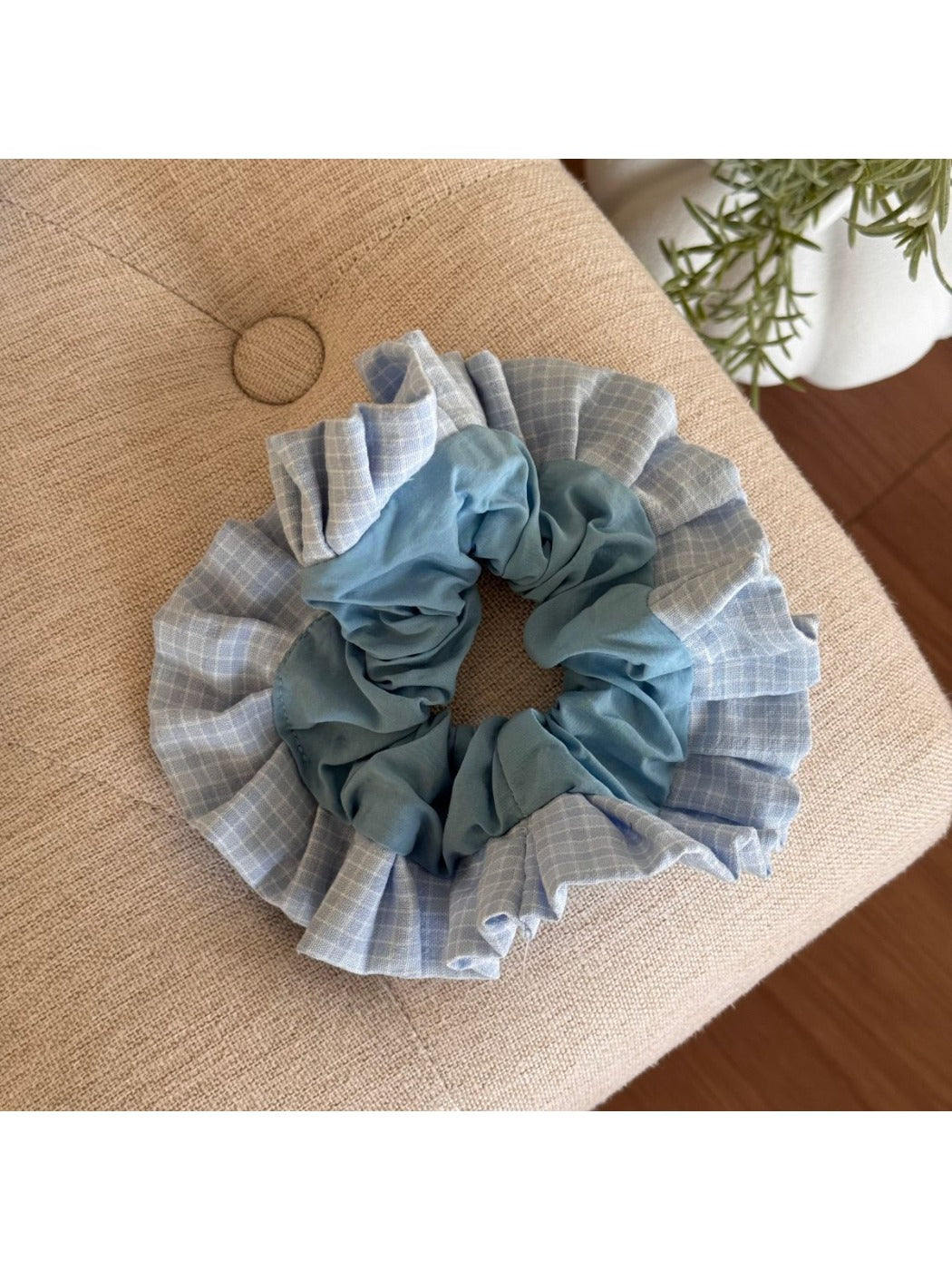 Gifty - Blue Plaid Hair Scrunchie Hair Clip and Headband