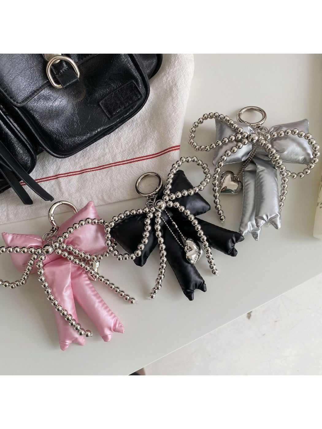 Keypus - Faux Leather Bow Heart Detail Bag Charm Keychain