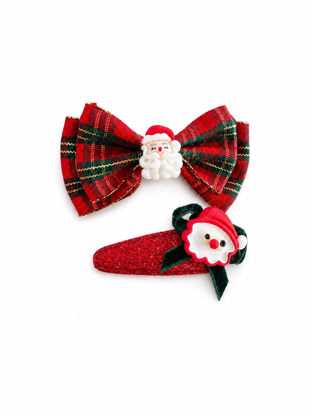 Santa Claus red tartan bow and glitter hair clip set on white