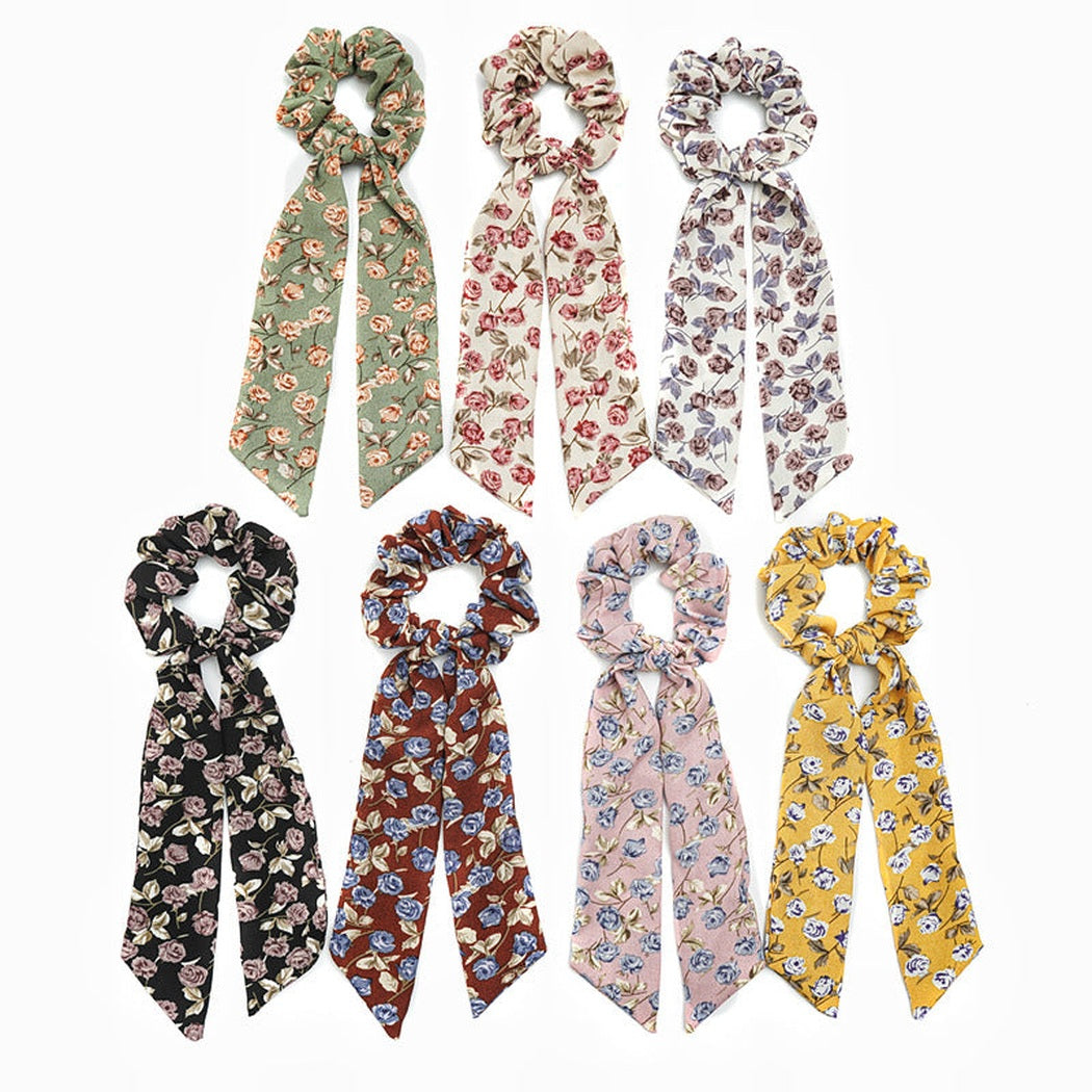 Gifty - Rose Print Bow Scarf Scrunchie showing multiple available variants