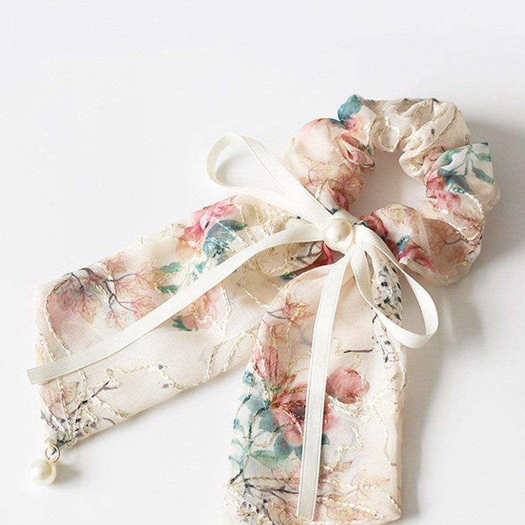 Embroidered Floral Bow Scrunchie showing multiple available variants