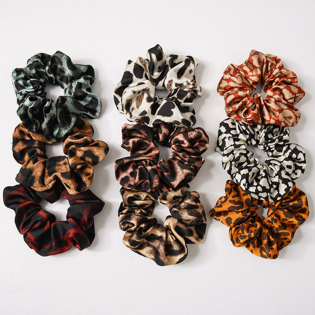Leopard Glossy Scrunchie Collection showing multiple available variants