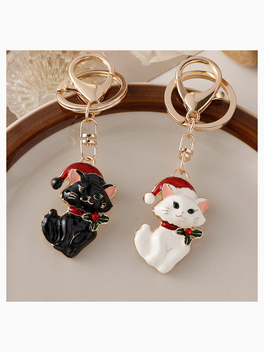 Black and white Christmas cat keychains with lobster clasps