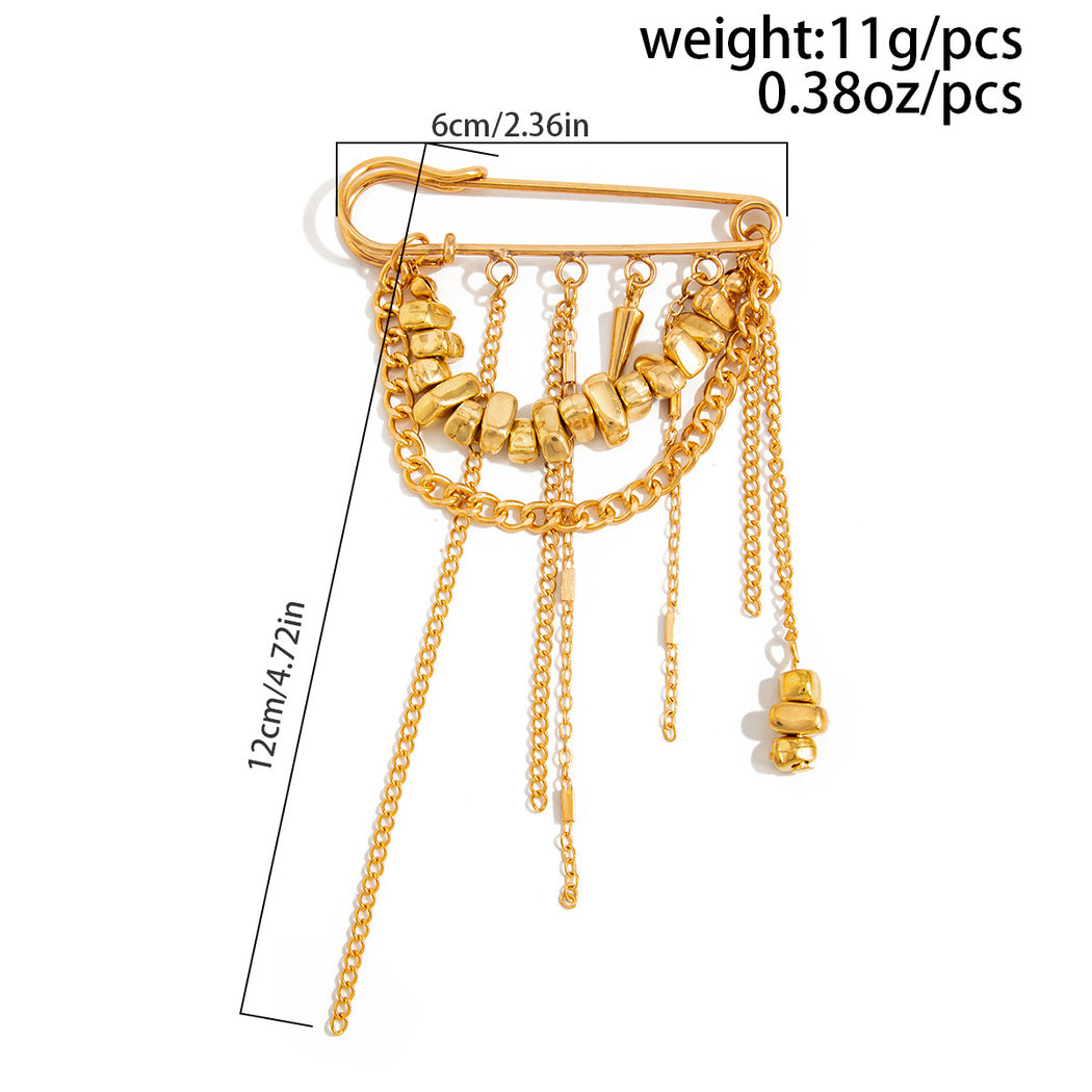 Brovia - Layered Draped Chain Safety Pin Brooch, size reference