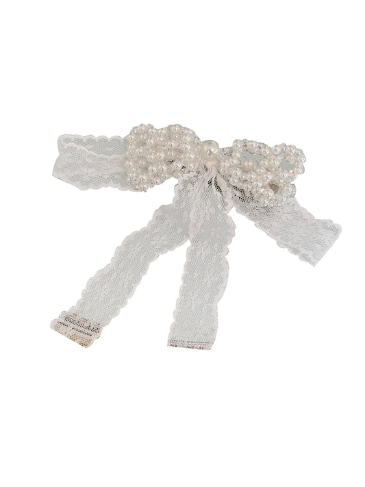 Beau - Beaded Bow Lace Ribbon Long Tail Hair Clip