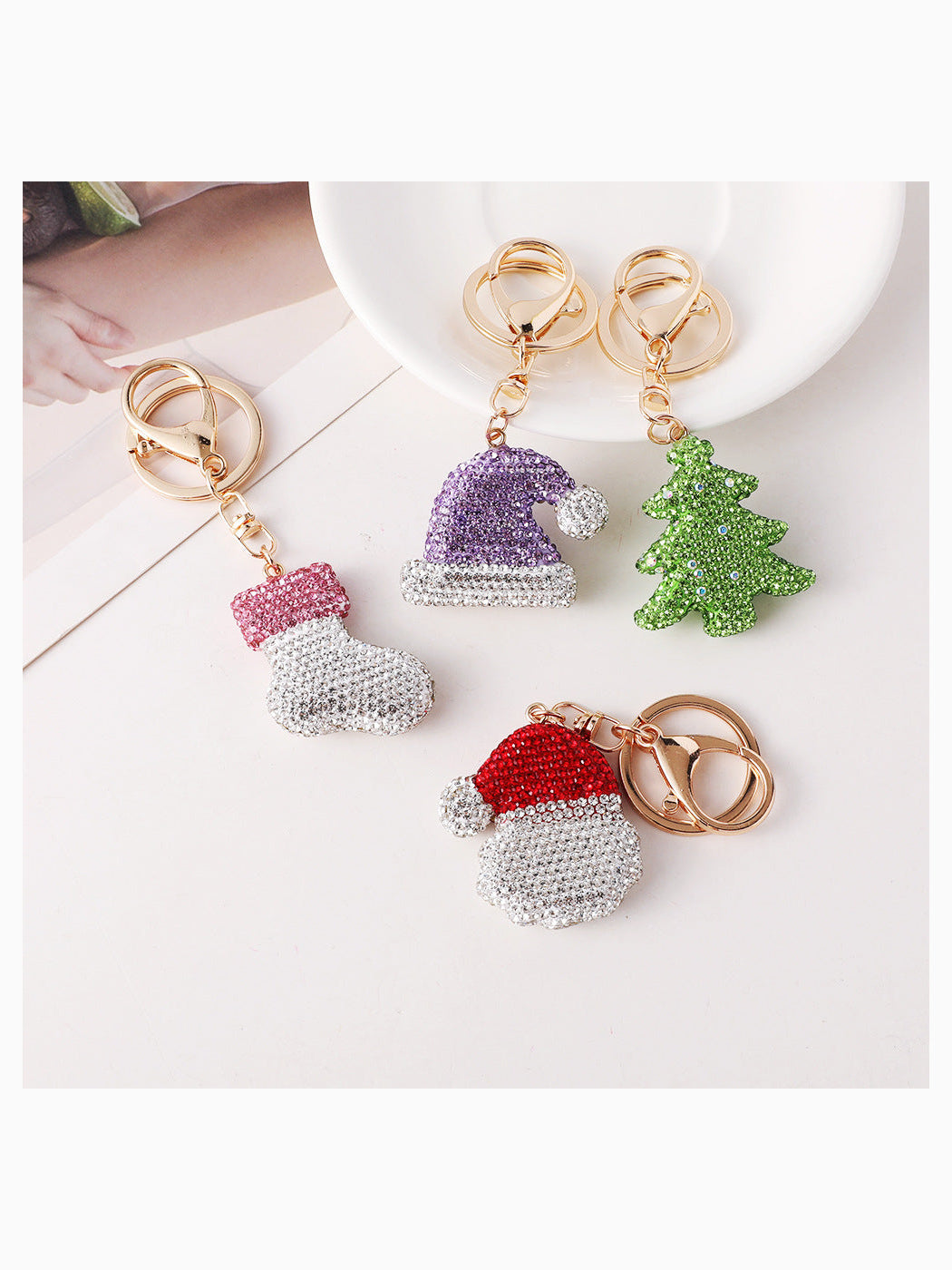 Christmas tree, hat, stocking and Santa face keychains