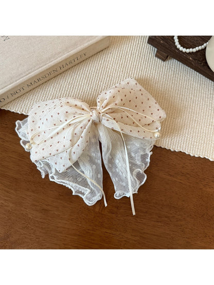 Beau - Polka Dot Ribbon Bow Lace Trim Hair Clip