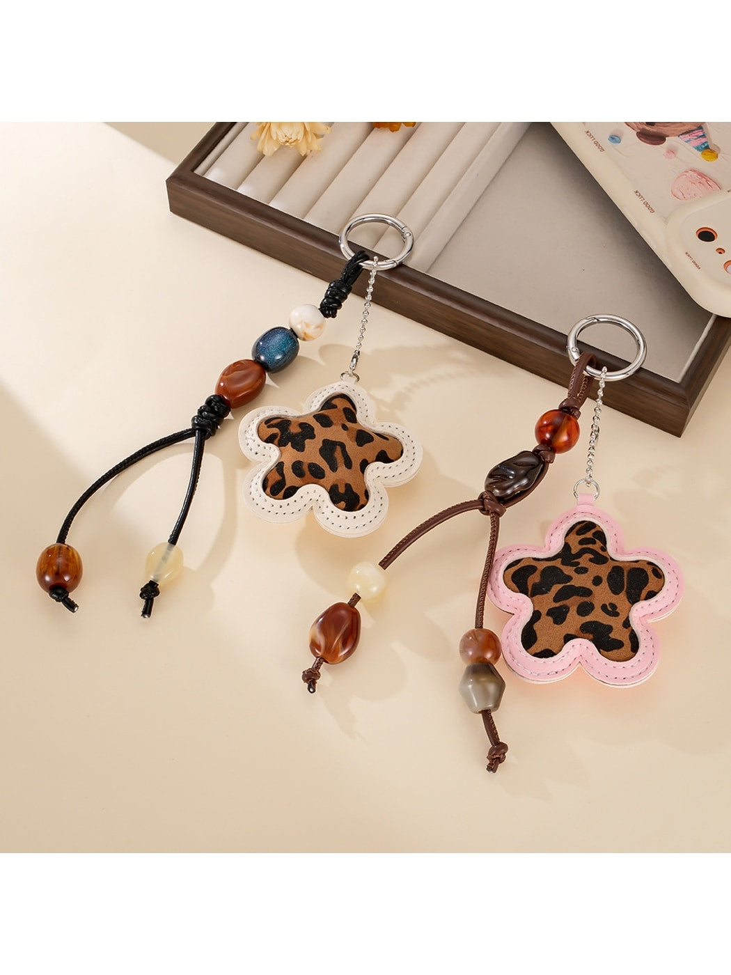 Keypus - Leopard Print Flower Beaded Bag Charm Keychain