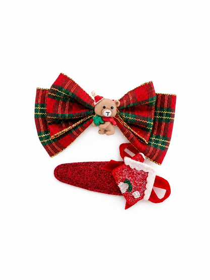 Teddy Bear red tartan bow and glitter hair clip set on white