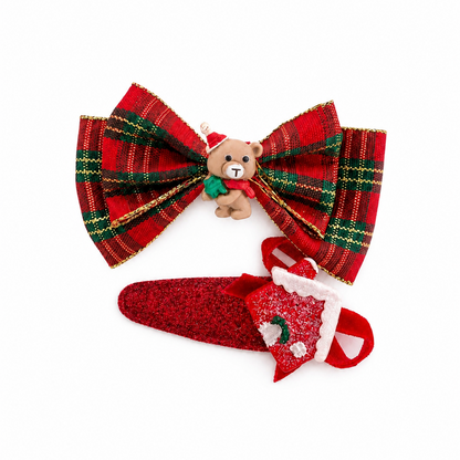 Teddy Bear red tartan bow and glitter hair clip set on white