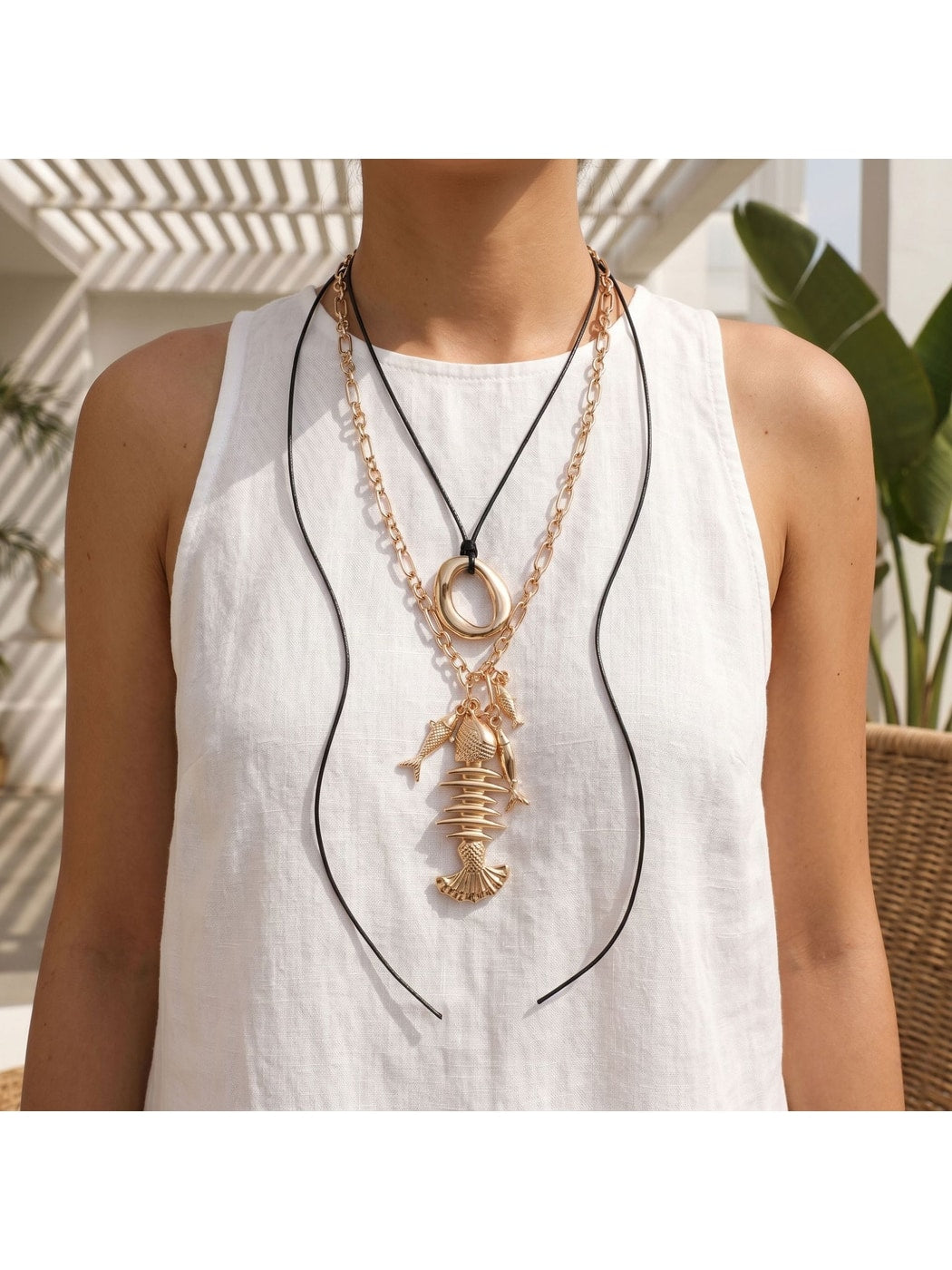 Nozari - Adjustable Fish Bone and Small Fish Necklace
