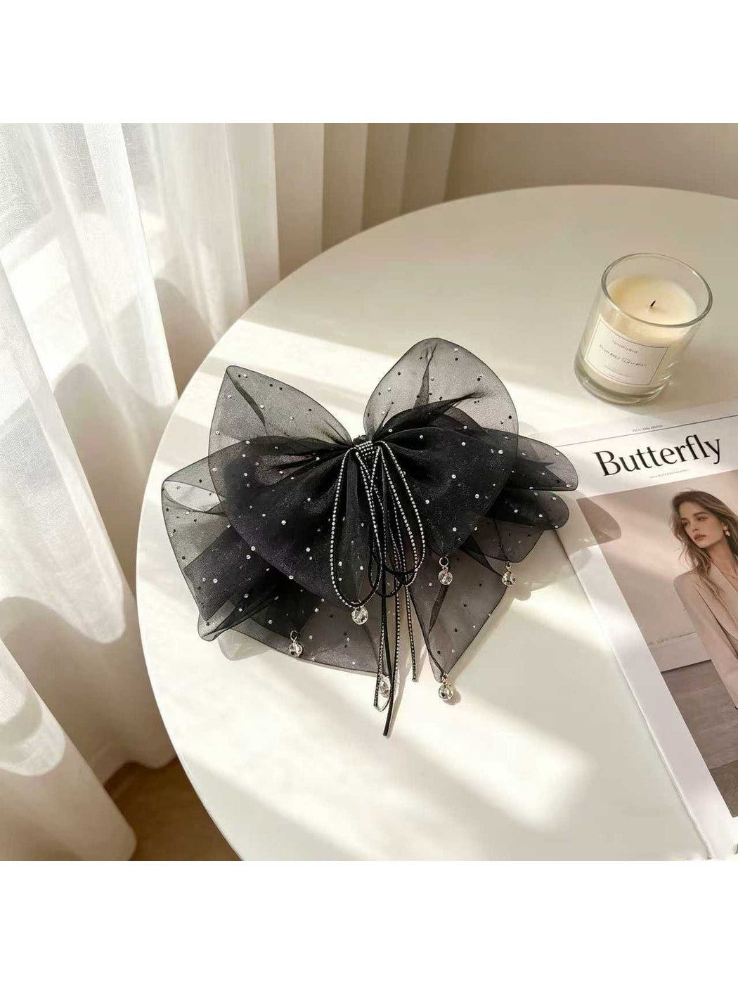 Beau - Glitter Mesh Bow Ribbon Tassel Claw Clip
