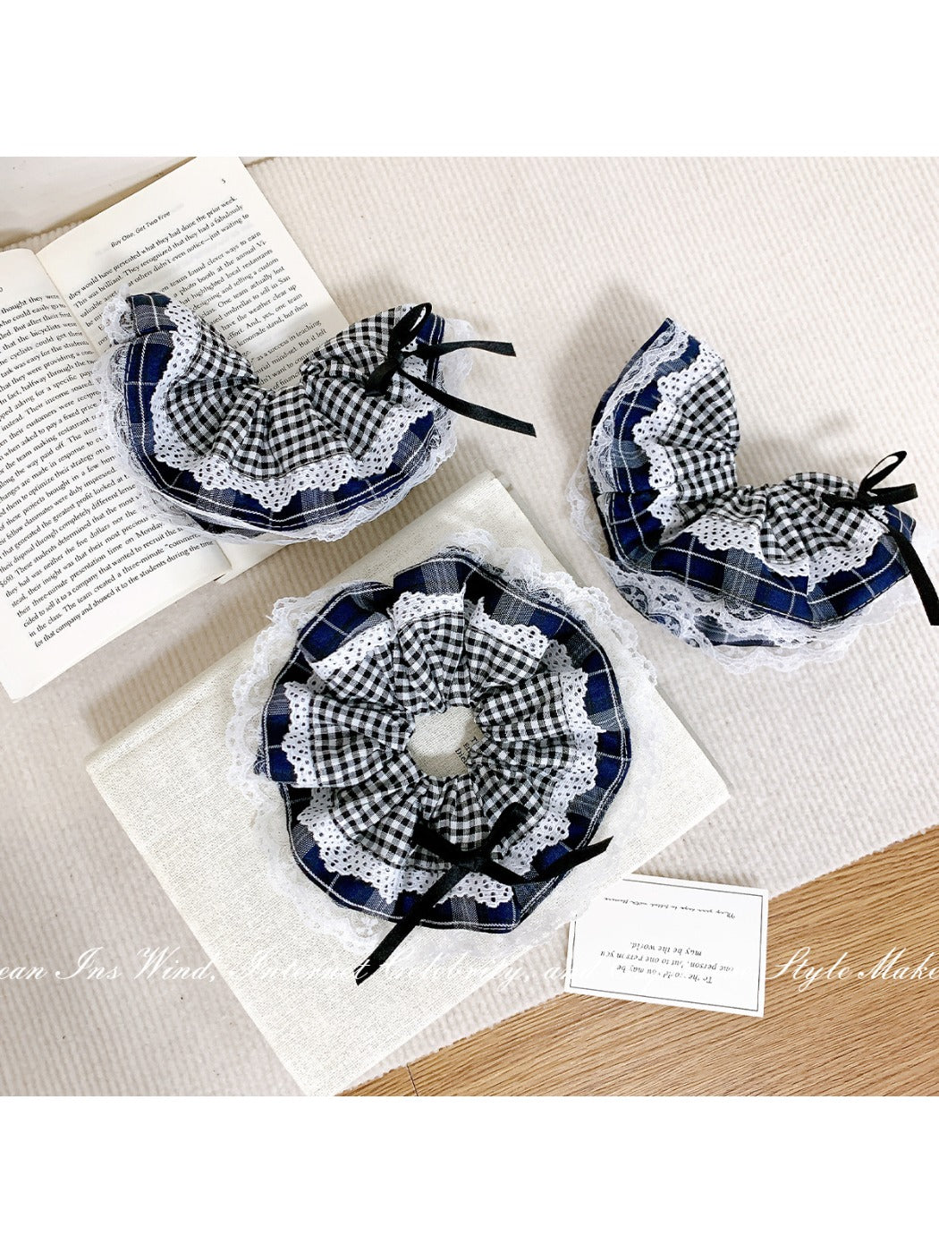 Gifty - Navy Plaid Scrunchie with Lace Trim