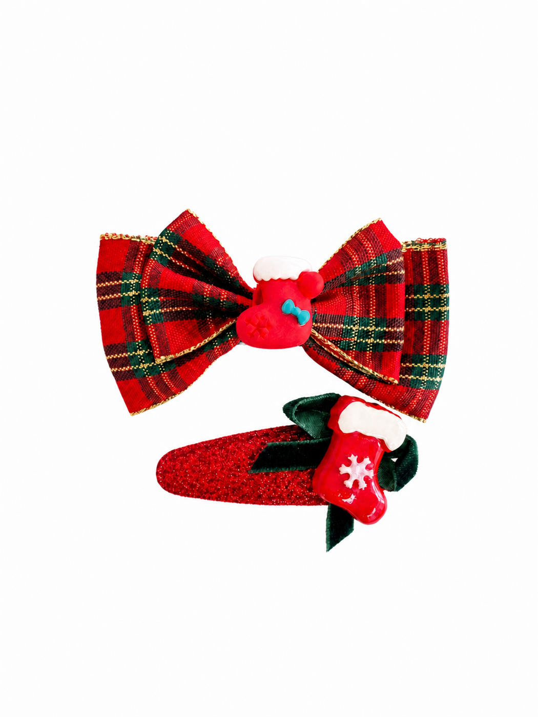 Christmas Stocking red tartan bow and glitter hair clip set on white