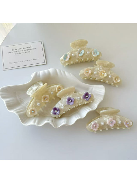 Beau - Flower Adorned Half Round Claw Clip