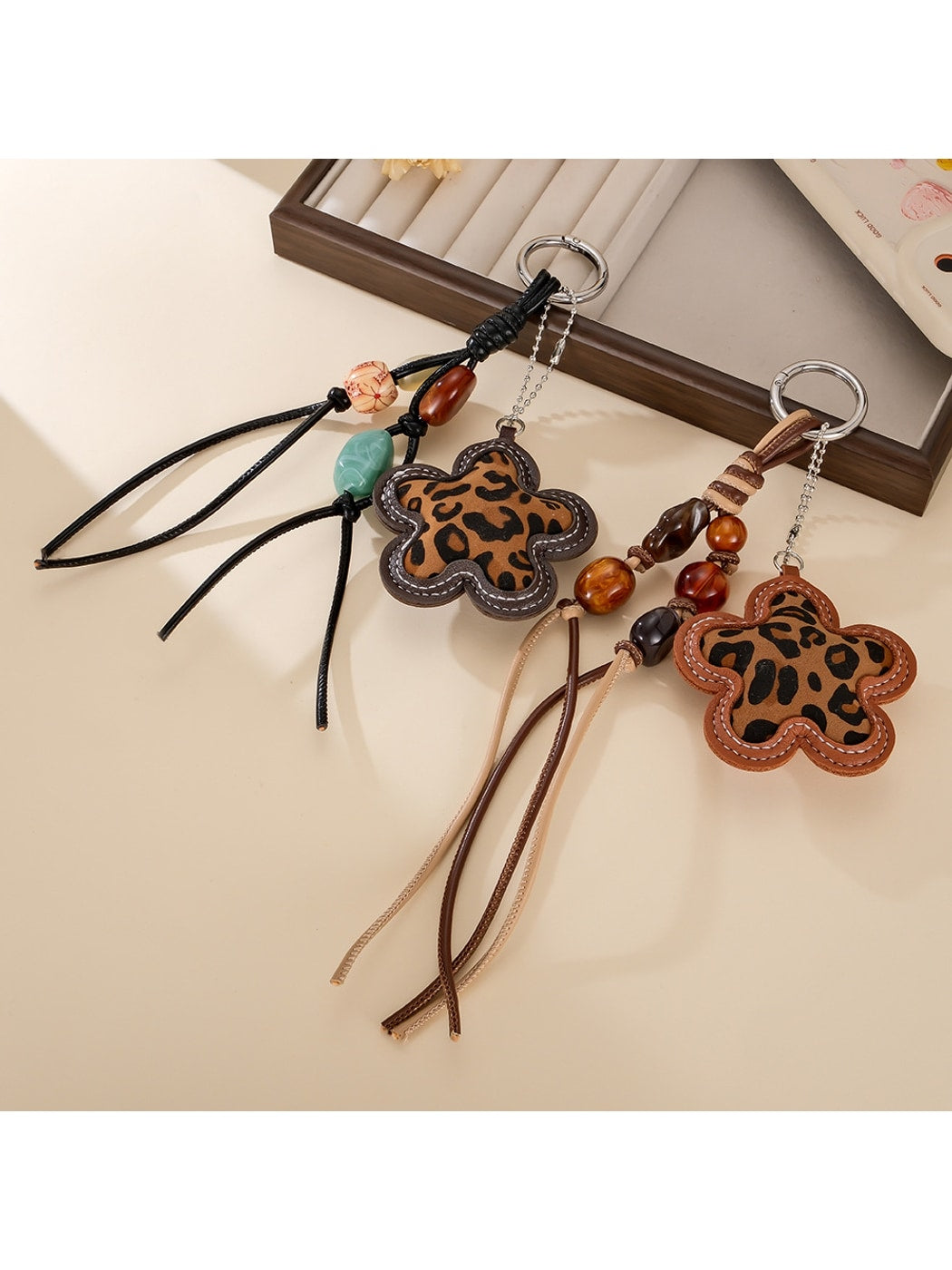 Keypus - Leopard Print Flower Beaded Bag Charm Keychain