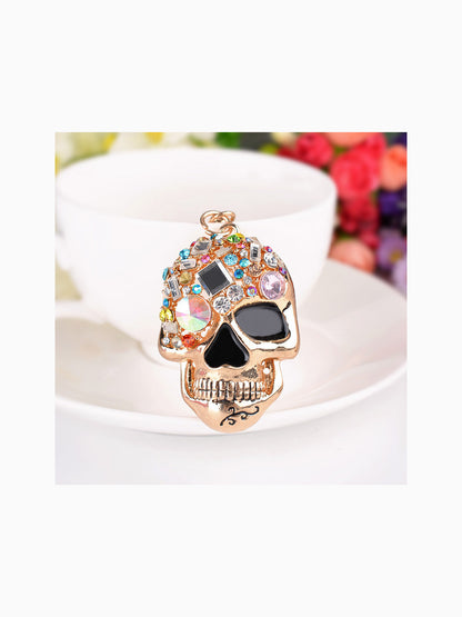 Gold-tone multicolor faceted skull keychain front view