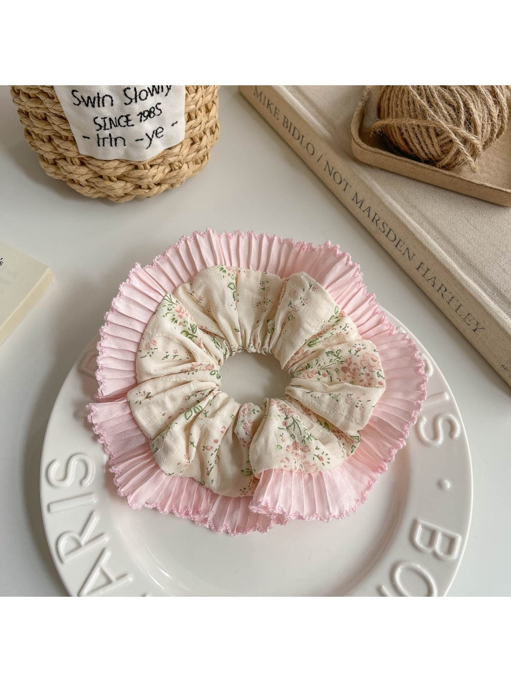 Gifty ruffle scrunchie stretched to show elastic band inside