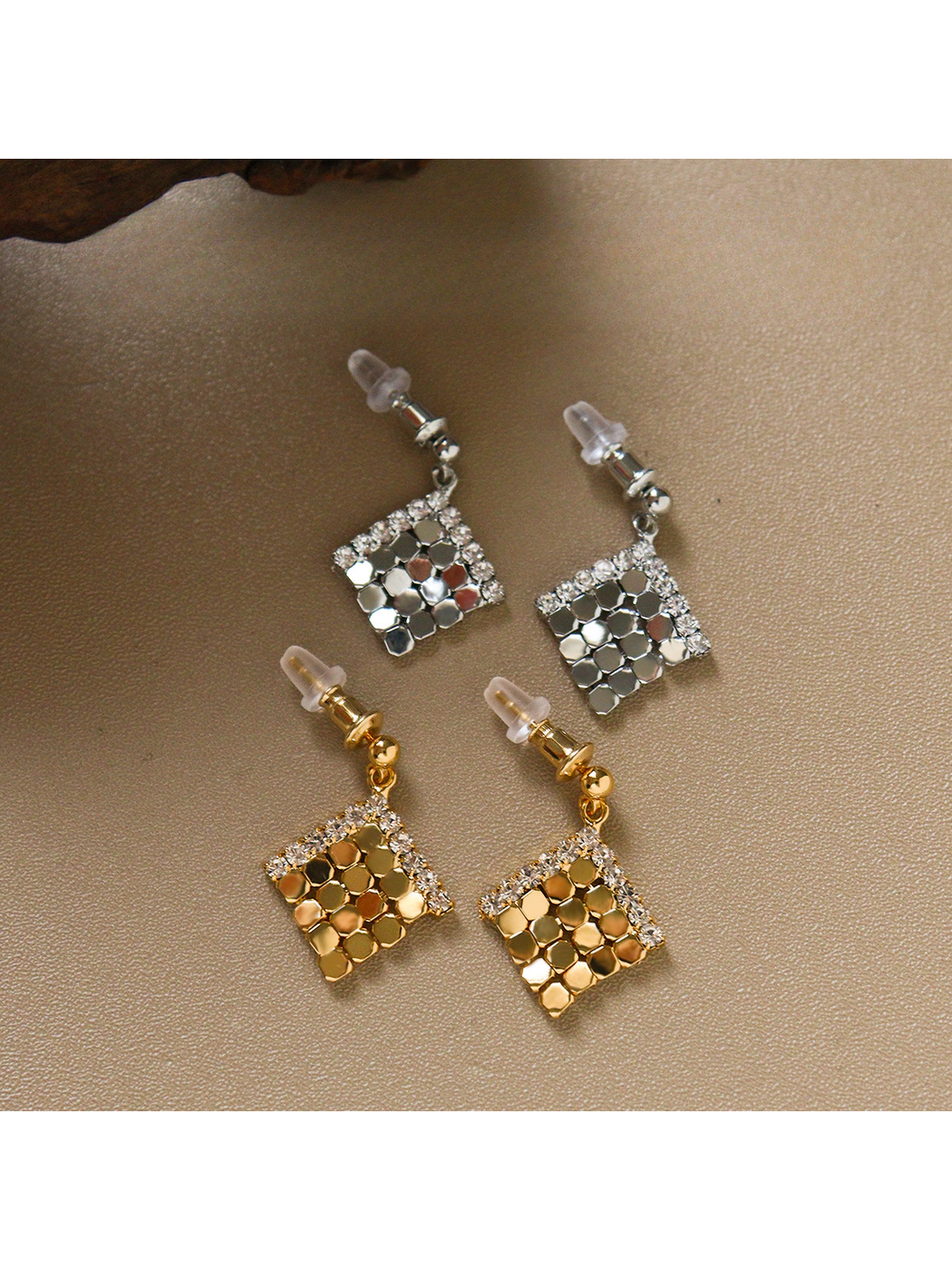 Earedge - Textured Geometric Drop Style Stud Earrings