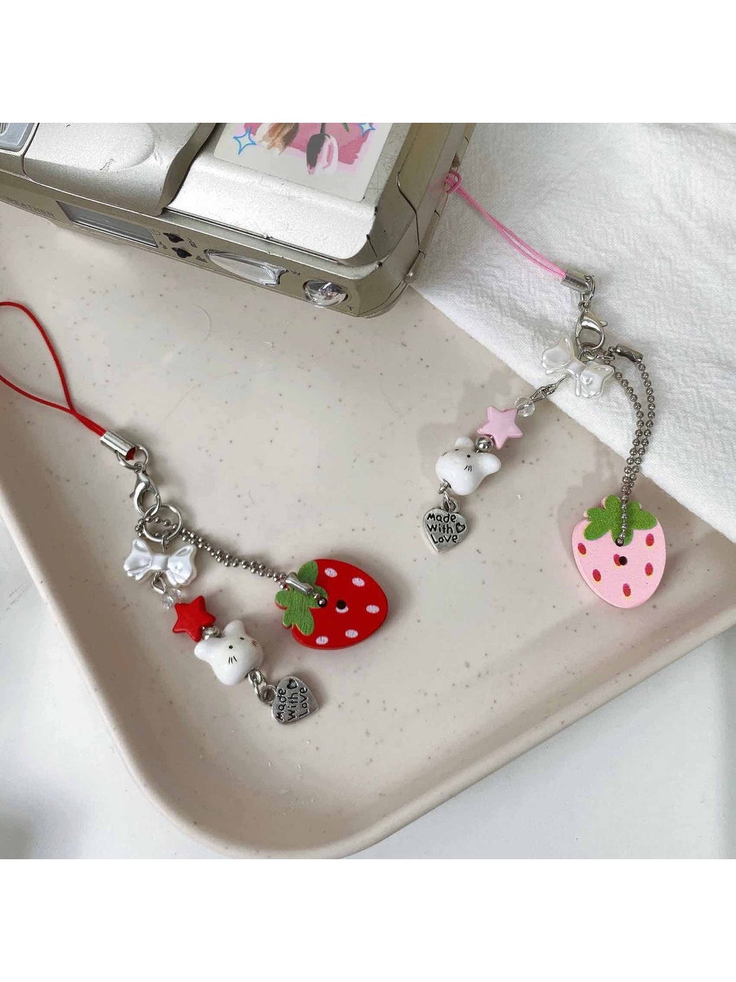 Keypus - Strawberry Beaded Button Style Bag Charm Keychain