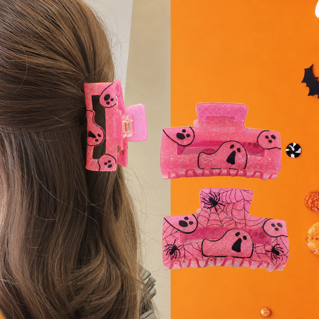 Pink Halloween ghost and spiderweb hair claw lifestyle view