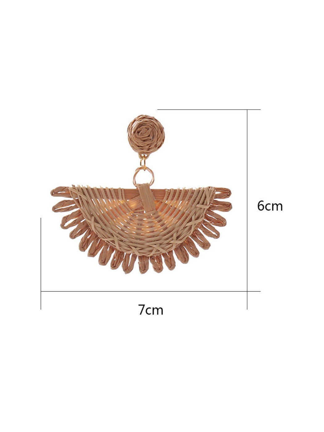 Side view of raffia fan shaped drop earrings showing woven texture