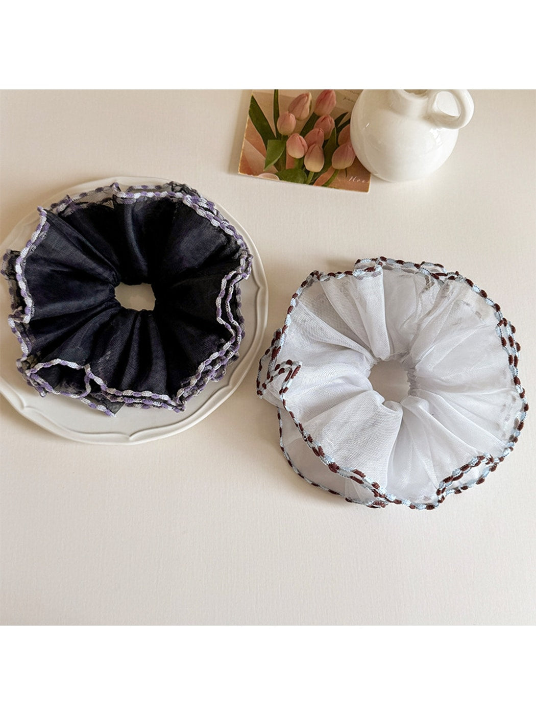 Gifty - Layered Mesh Contrast Trim Polyester Scrunchie