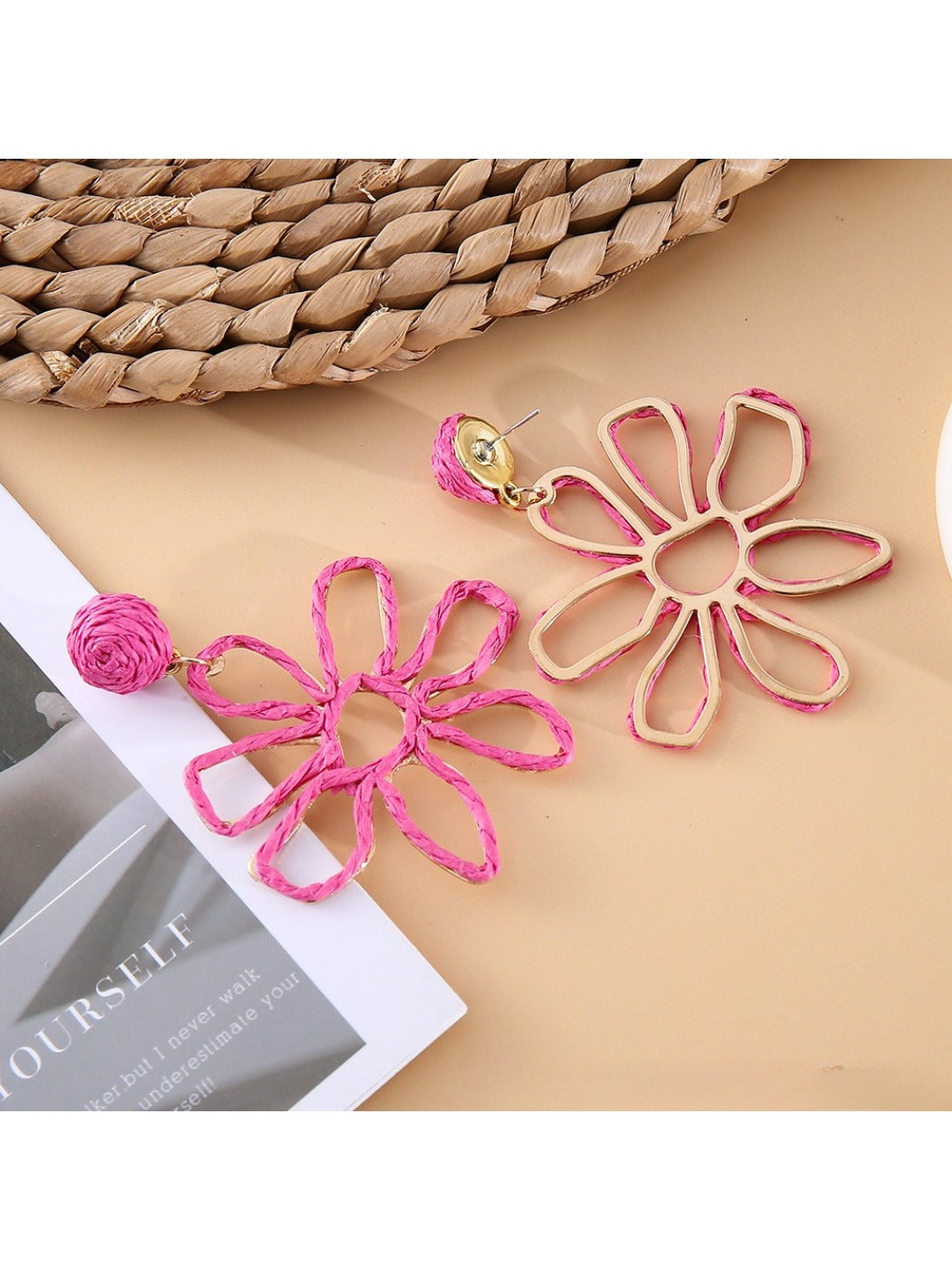 Pair of Earedge flower shaped openwork drop earrings displayed on white background