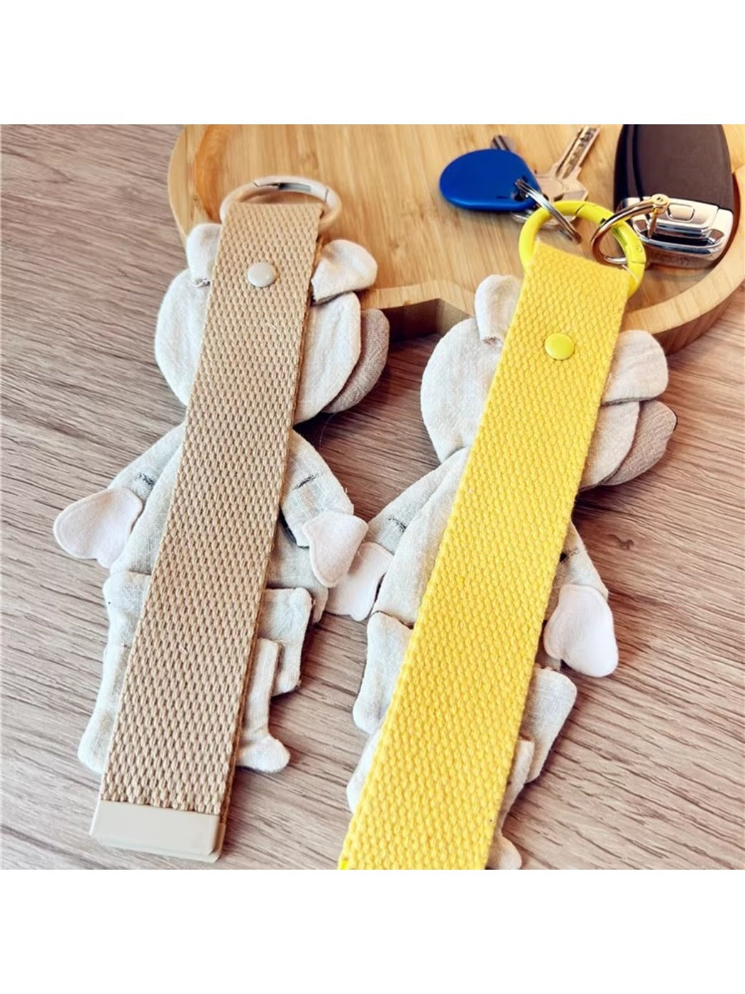 Top view of Keypus fabric patchwork keychain highlighting colorful fabric patterns