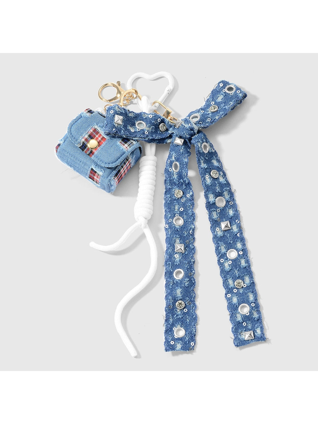 Keypus - Y2K Bow Plaid Heart Studded Bag Charm Keychain