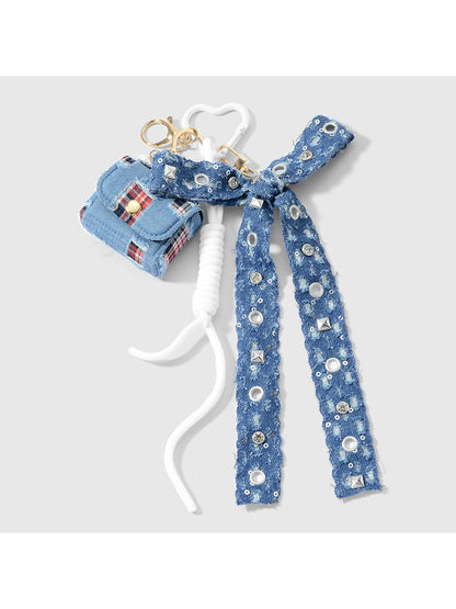 Keypus - Y2K Bow Plaid Heart Studded Bag Charm Keychain