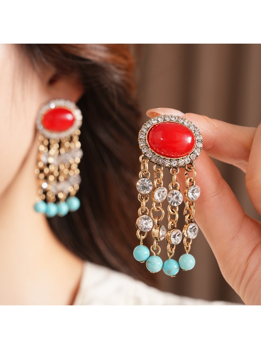 Earedge - Vintage Oval Rhinestone Tassel Earrings