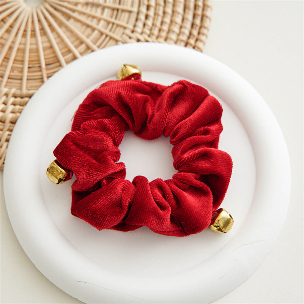 Burgundy Christmas bell scrunchie with three bell accents