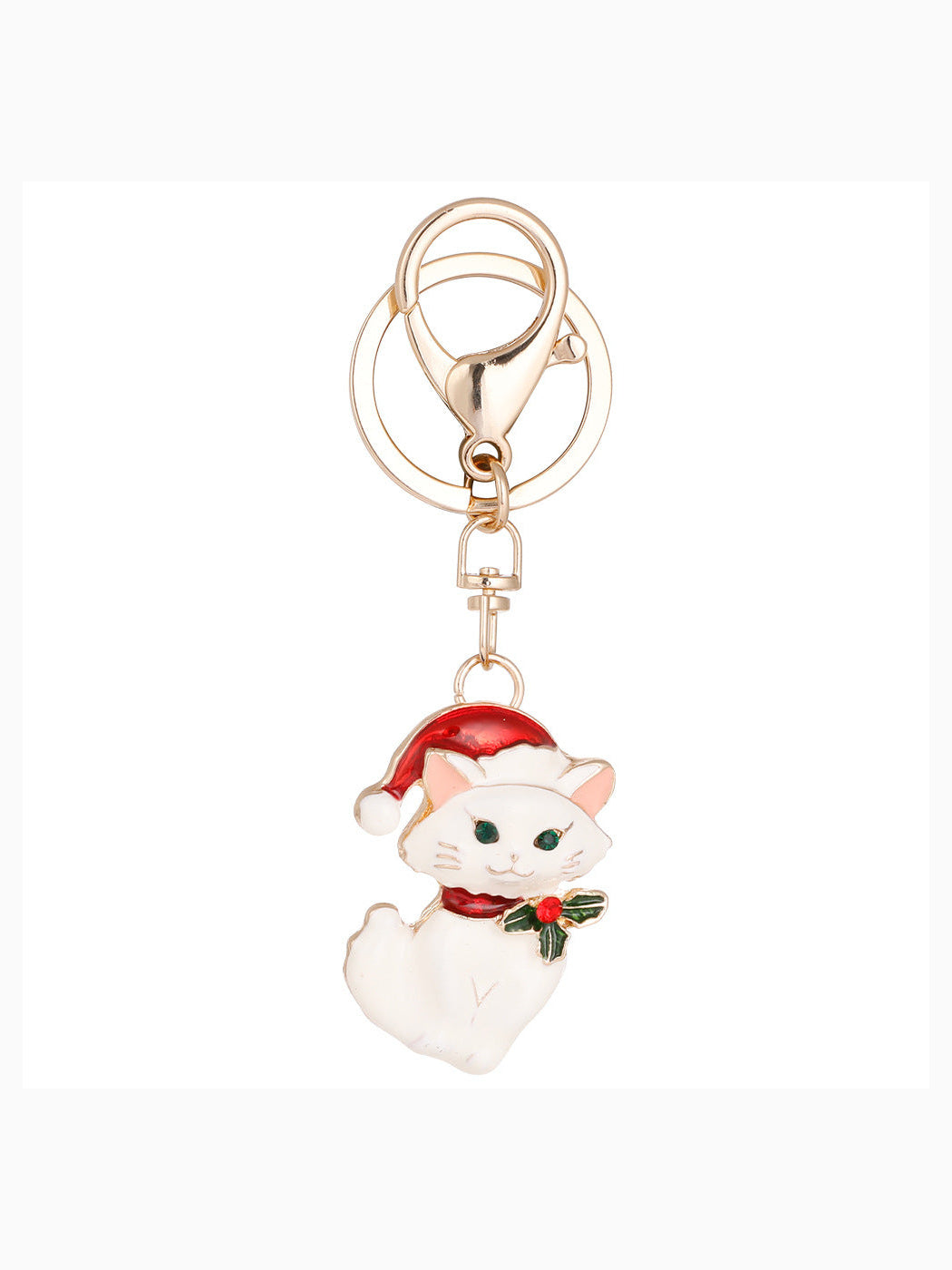 White Christmas cat keychain on white background