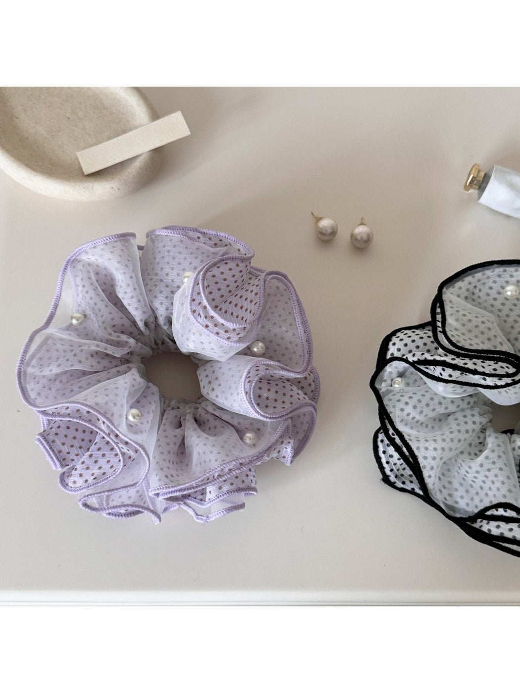 Gifty - Ruffled Polka Dot Mesh-Look Polyester Scrunchie