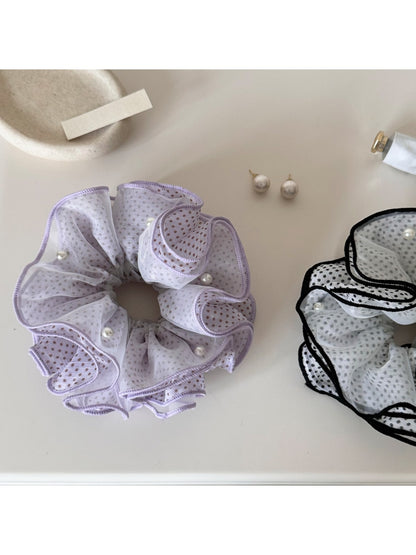Gifty - Ruffled Polka Dot Mesh-Look Polyester Scrunchie